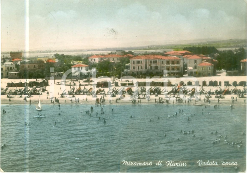 Cartolina originale da collezione 1955 MIRAMARE DI RIMINI Veduta aerea della spiaggia Cartolina FG VG 1