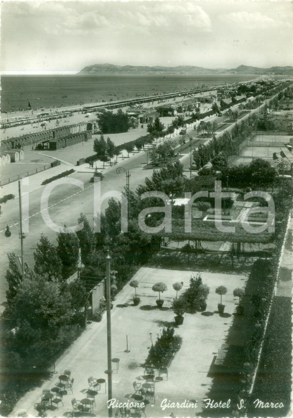Cartolina originale da collezione 1953 RICCIONE Giardini dell Hotel SAN MARCO e spiaggia Cartolina FG VG 1