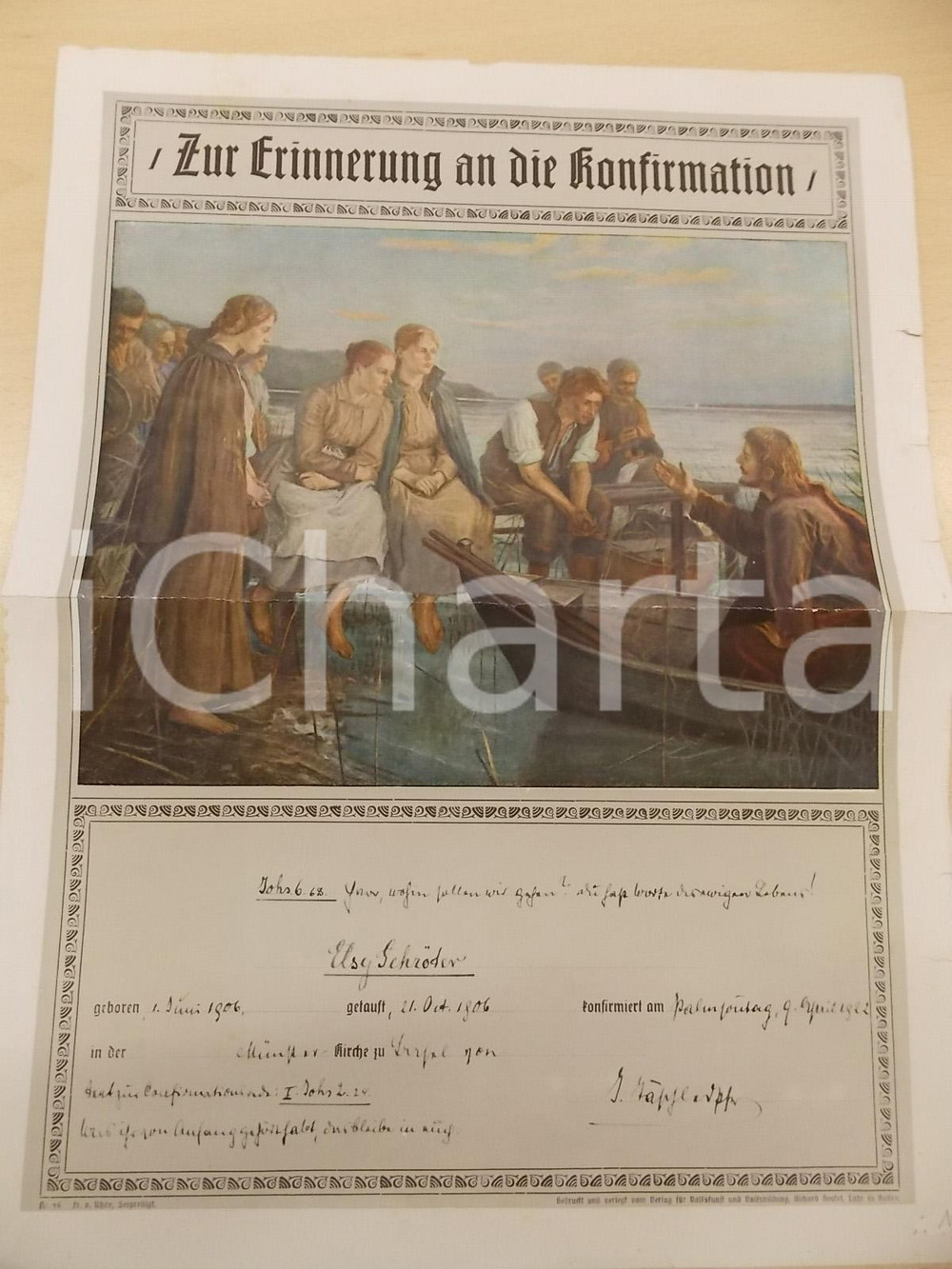 Documento originale, autentico 1922 MUNSTER D Cresima di Elsy SCHROEDER Certificato ILLUSTRATO 27x36 cm 1
