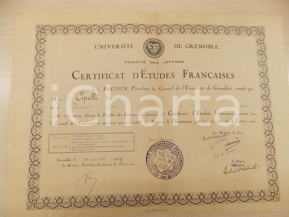 Oggetto da collezione cartaceo 1947 UNIVERSITE  DE GRENOBLE Certificat Etudes FranÃ§aises a Vittorio CIPELLI 1