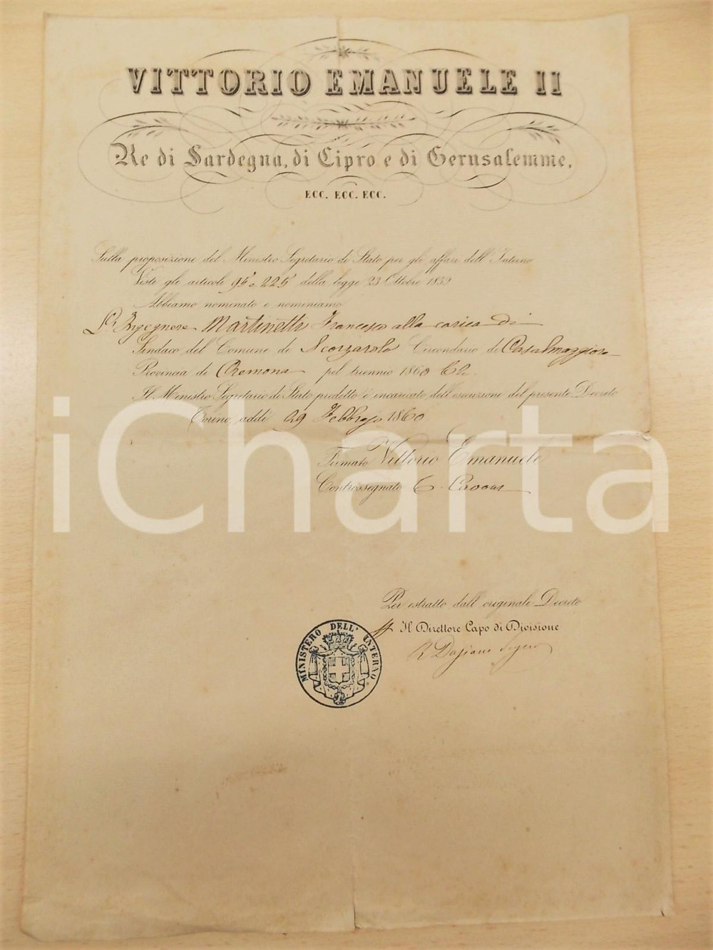 Documento originale, autentico 1860 SCORZAROLO MN Decreto nomina ing. Francesco MARTINETTI a sindaco 1