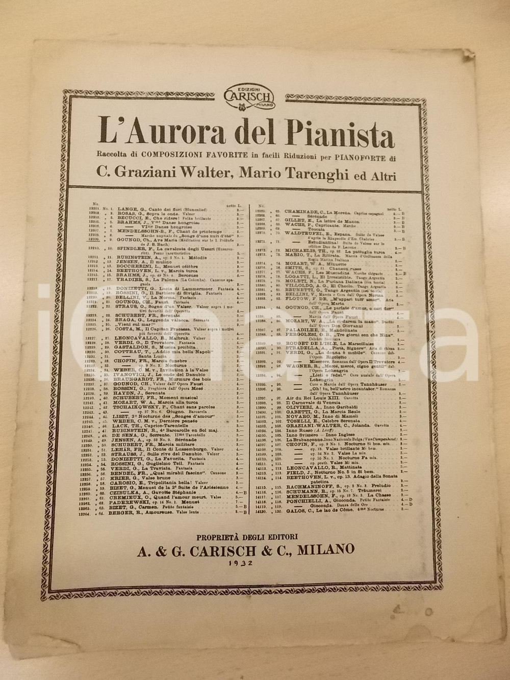 Oggetto da collezione cartaceo 1932 Charles GOUNOD  Ave Maria Spartito ed. CARISCH MILANO Aurora del pianista 1