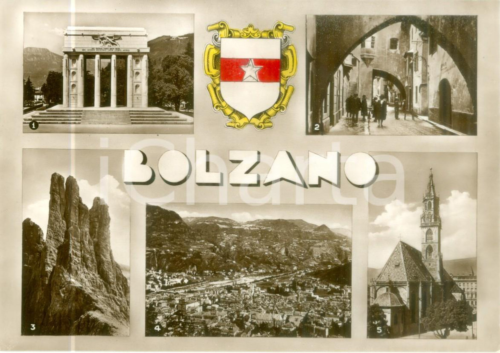 Cartolina originale da collezione 1955 ca BOLZANO Vedutine Monumento alla Vittoria Via Carrettai Cartolina FG NV 1