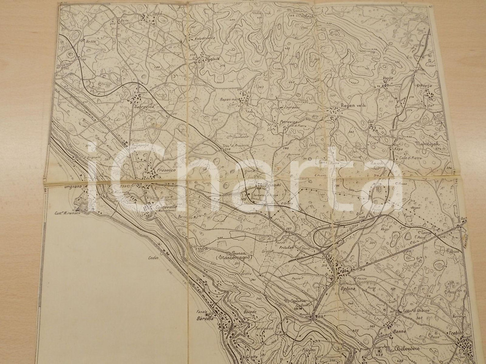 Mappa, planimetria storica 1924 TRIESTE OPICINA  Mappa su stoffa 40x38 cm Fortunato ZOROVINI 1