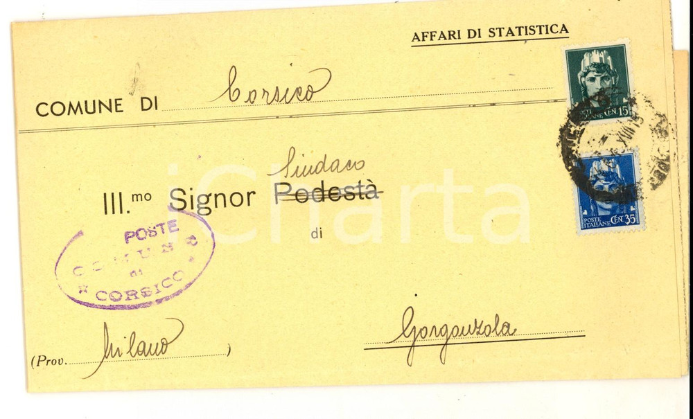 Cartolina originale da collezione Giugno 1945 STORIA POSTALE CORSICO MI Lettera affrancata 35+15 cent. RSI 1