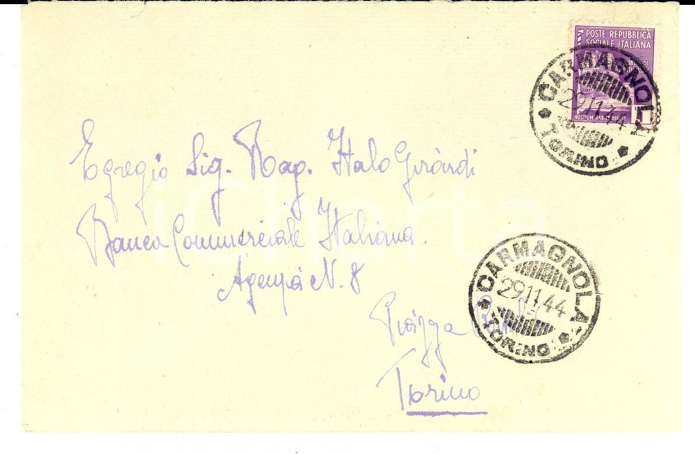 Cartolina originale da collezione 1944 STORIA POSTALE RSI CARMAGNOLA Busta affrancatura L. 21 Abbazia Montecassino 1