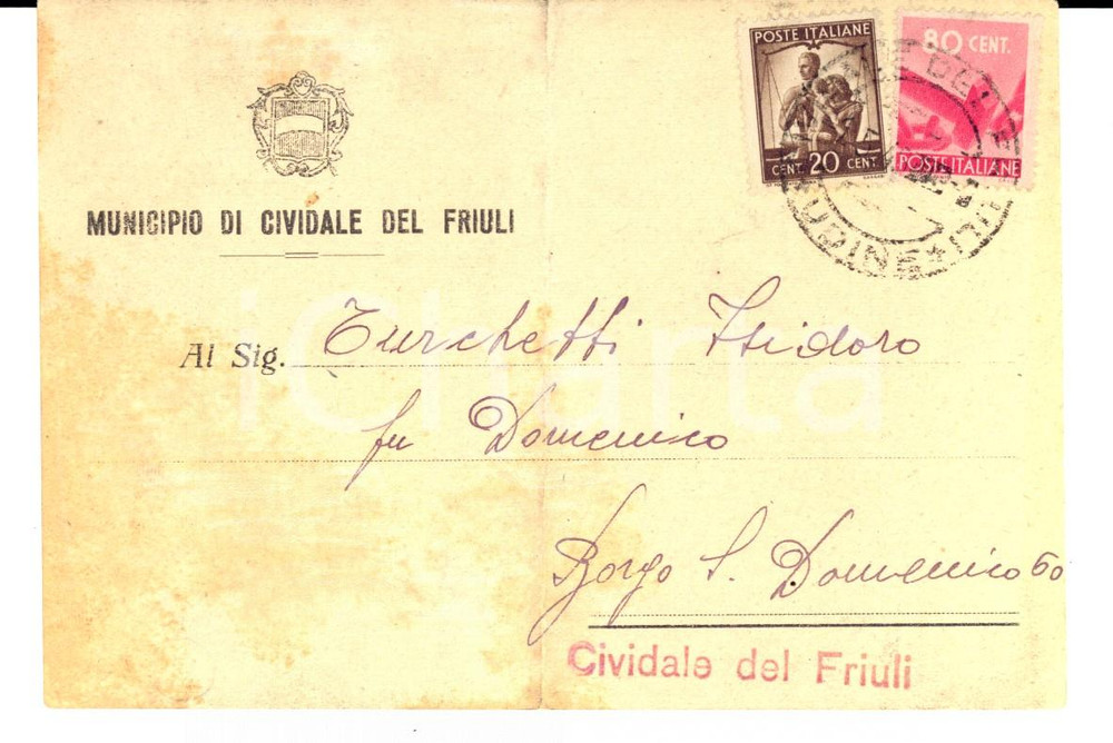 Cartolina originale da collezione 1946 STORIA POSTALE REPUBBLICA CIVIDALE DEL FRIULI Cartolina 20 cent. + 80 cent. 1