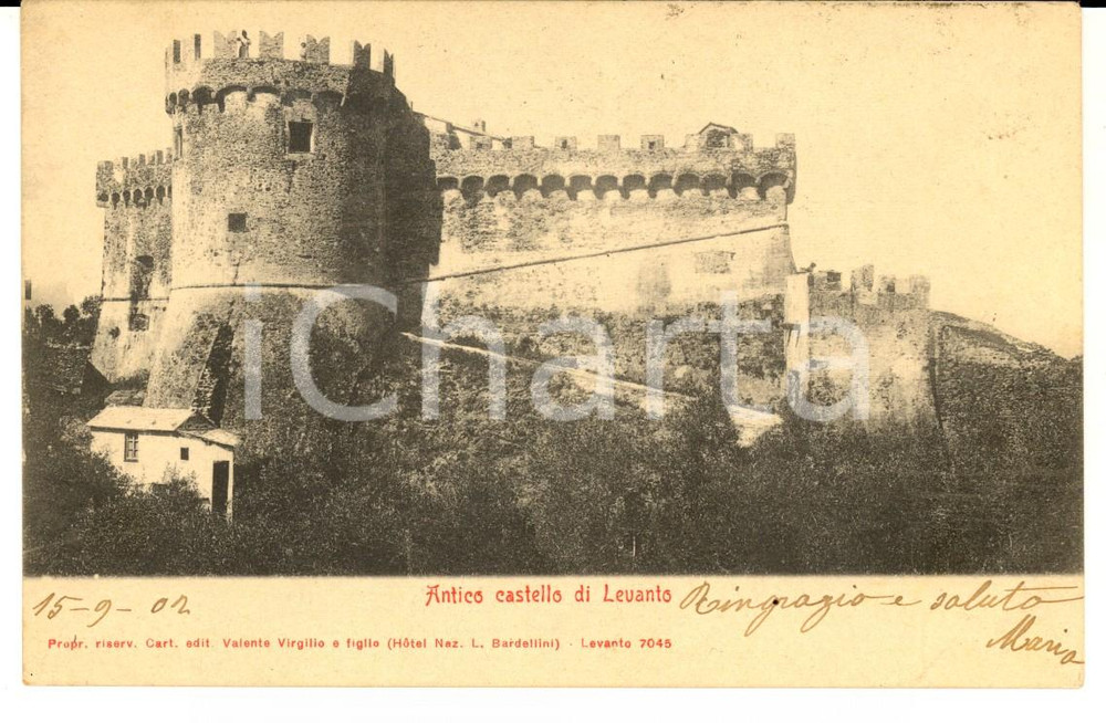 Cartolina originale da collezione 1902 LEVANTO SP Panorama con antico castello Cartolina postale FP VG 1