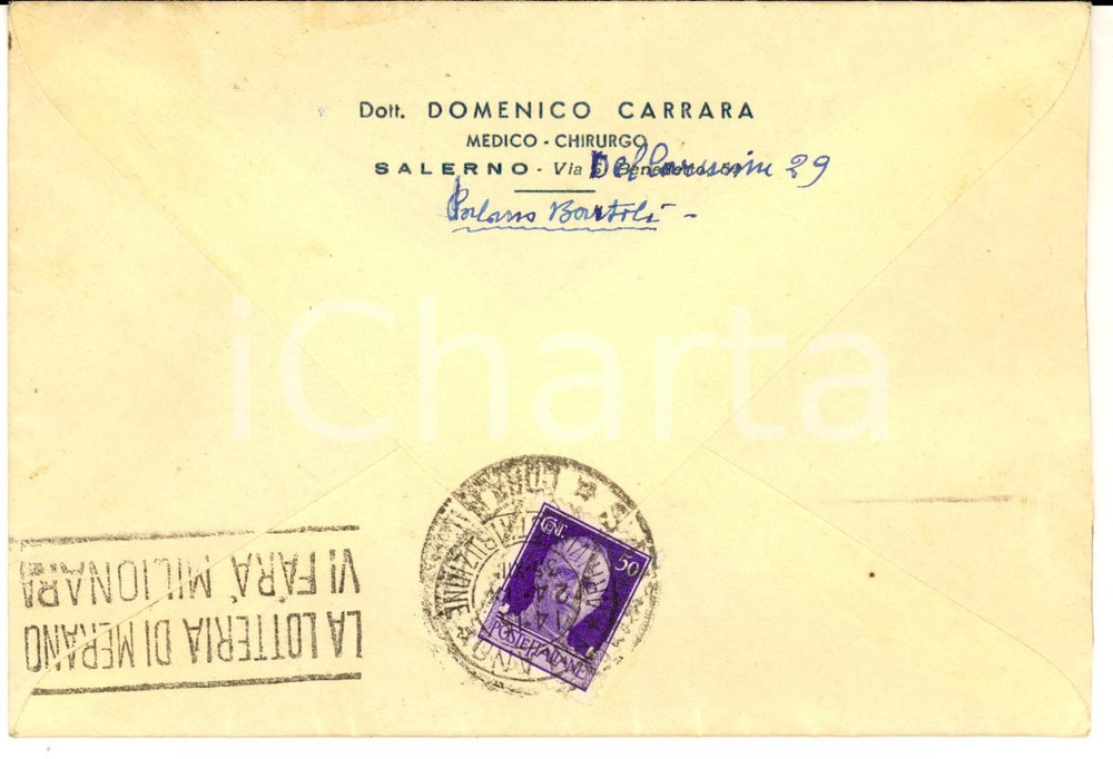 Materiale pubblicitario d’epoca 1935 SALERNO STORIA POSTALE Medico Domemico CARRARA Busta intestata 1