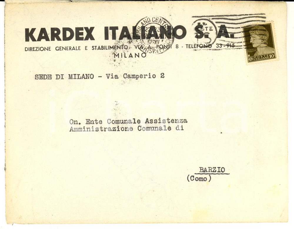 Documento originale, autentico 1937 STORIA POSTALE REGNO MILANO Ditta KARDEX Italiano Busta intestata 1