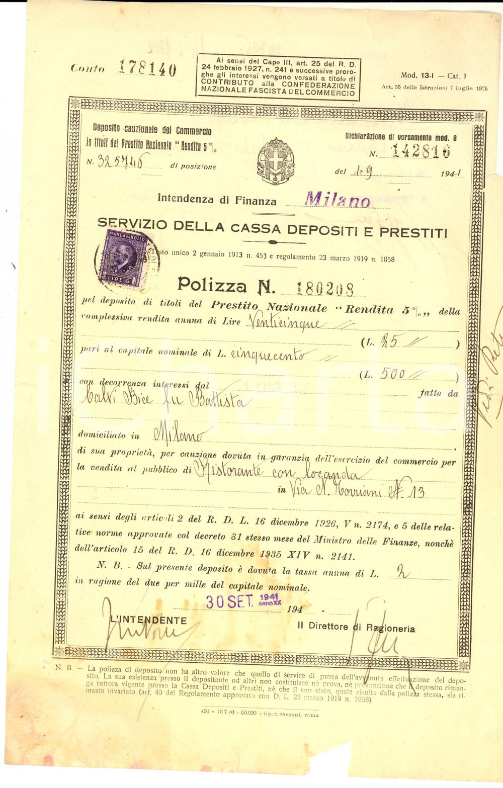 Documento originale, autentico 1941 MILANO REGNO ITALIA Polizza Prestito Nazionale 5% Bice CALVI per locanda 1
