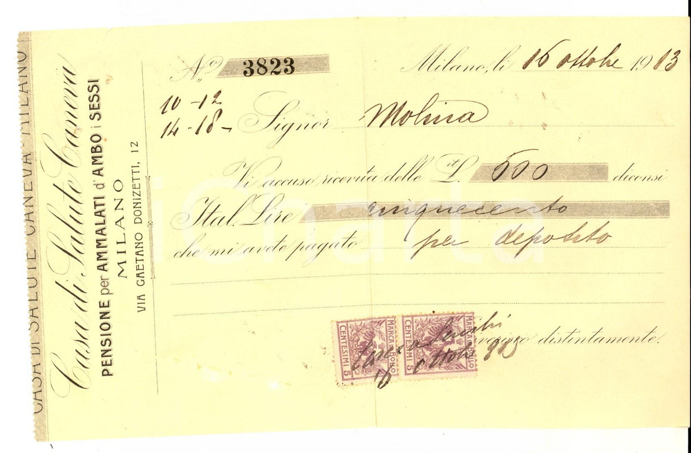 Documento originale, autentico 1913 MILANO Via Donizetti 12 Casa di Salute CANEVA per ammalati Ricevuta 1