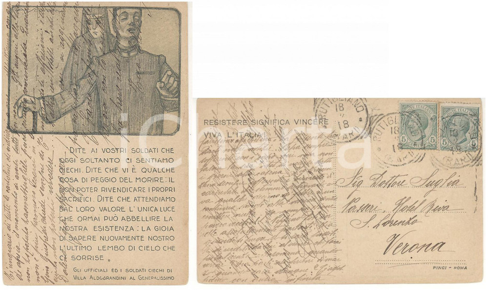 Autografo originale 1918 WW1 Cartolina soldati ciechi VILLA ALDOBRANDINI Raffaelina SUGLIA PASSERI 1