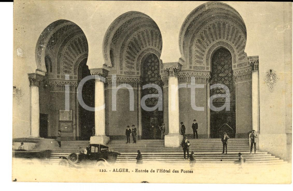 Cartolina originale da collezione 1928 ALGER EntrÃ©e de l Hotel des Postes Carte postale ANIMEE voitures 1