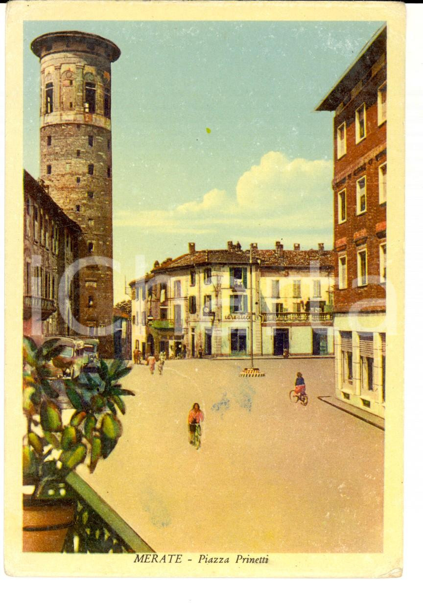Cartolina originale da collezione 1950 ca MERATE LC Piazza PRINETTI Cartolina ILLUSTRATA ANIMATA FG NV 1