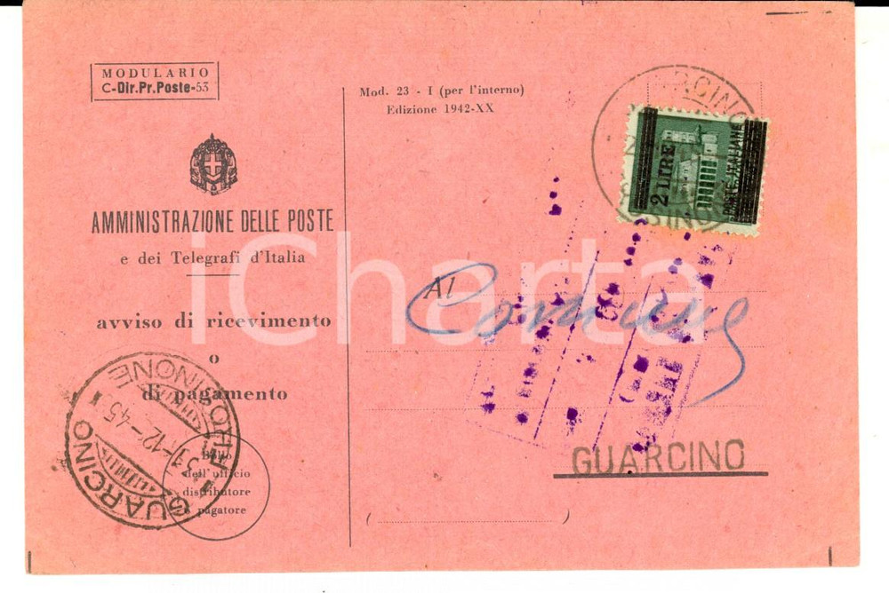 Cartolina originale da collezione 1945 STORIA POSTALE LUOGOTENENZA Avviso ricevimento  Lire 2 RSI sovrastampa 1