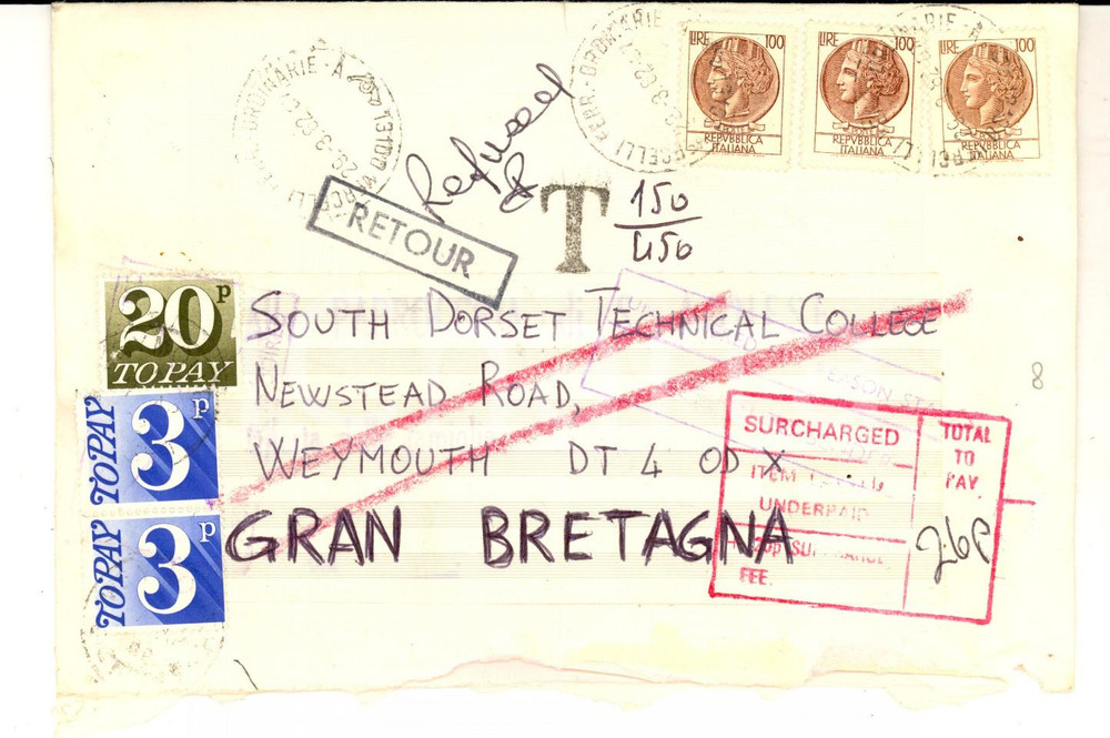 Oggetto da collezione cartaceo 1982 STORIA POSTALE Busta affrancatura mista striscia L. 100 + segnatasse UK 1