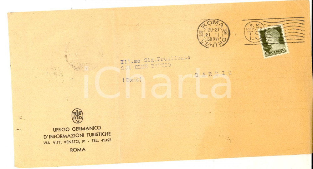 Materiale pubblicitario d’epoca 1938 ROMA STORIA POSTALE Busta Ufficio Germanico Informazioni Turistiche 1