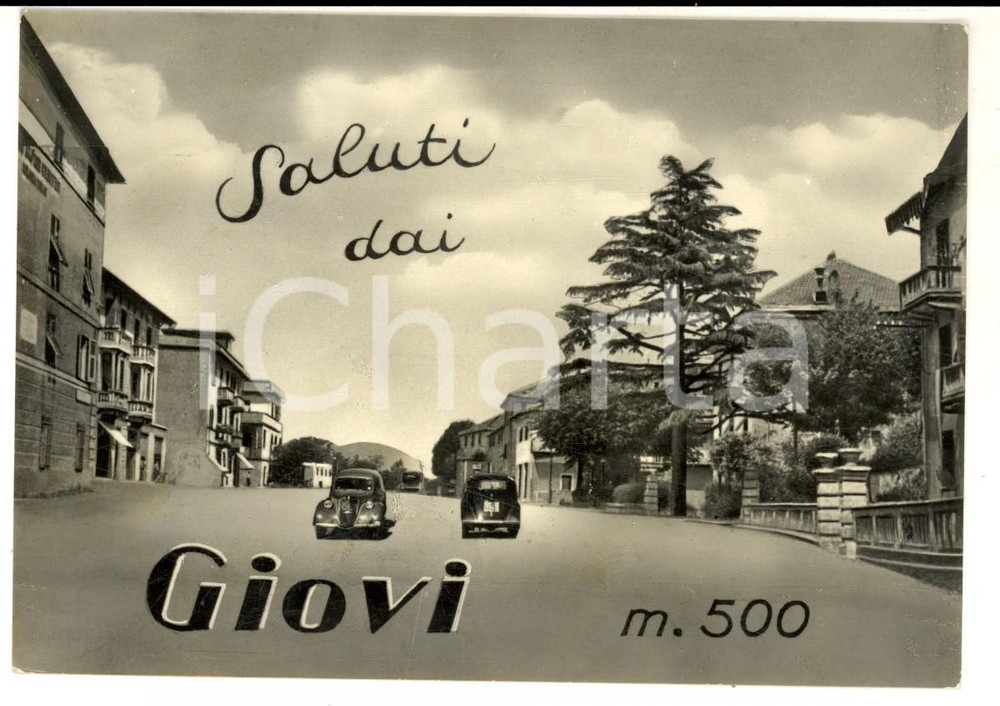 Cartolina originale da collezione 1955 BUSALLA GE PASSO DEI GIOVI Veduta del paese Cartolina ANIMATA auto 1
