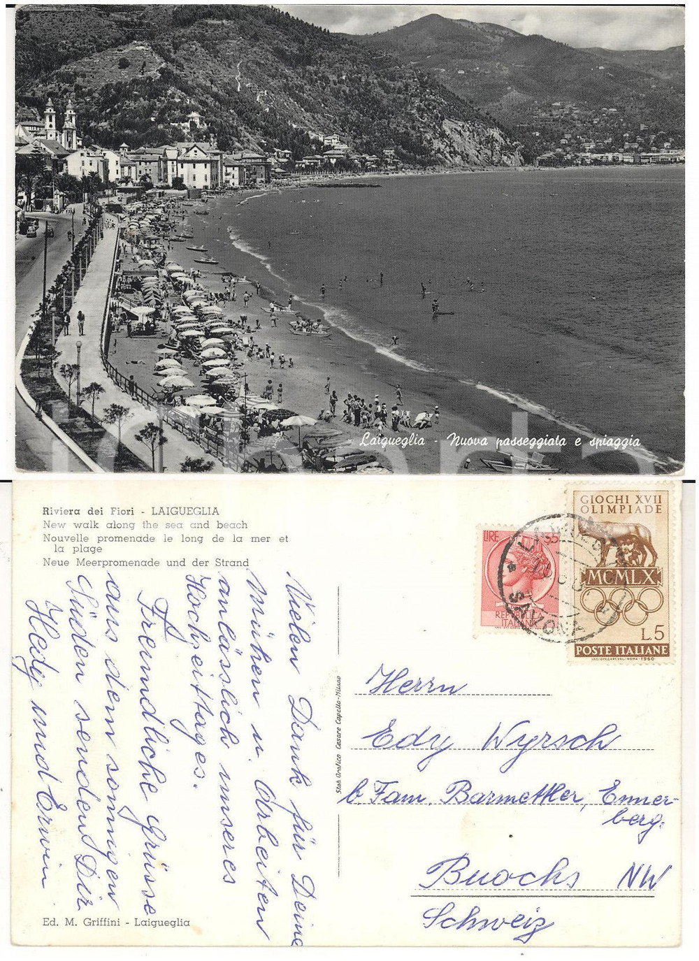 Cartolina originale da collezione 1961 STORIA POSTALE LAIGUEGLIA Cartolina affrancata L. 35 + L. 5 XVII Olimpiade 1