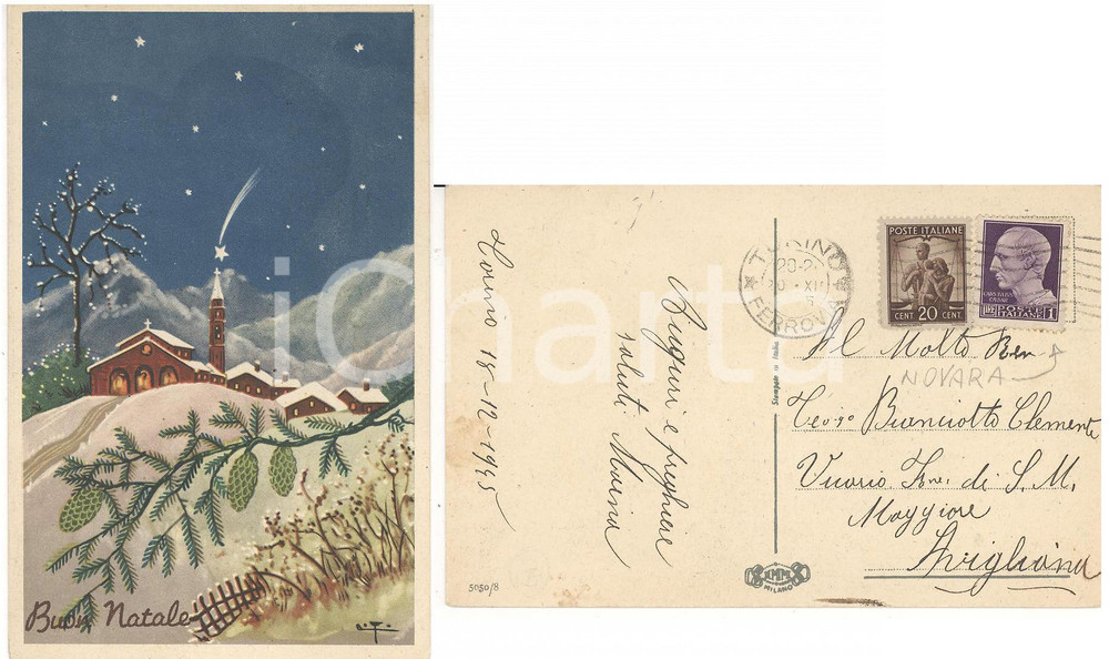 Cartolina originale da collezione 1945 STORIA POSTALE Cartolina NATALE affrancata 20 cent. + Lire 1 Imperiale 1