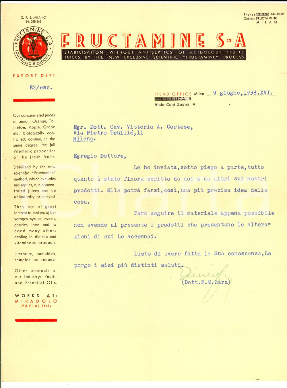 Manoscritto, lettera originale 1938 MILANO Ditta FRUCTAMINE Succhi di frutta  Lettera commerciale 1