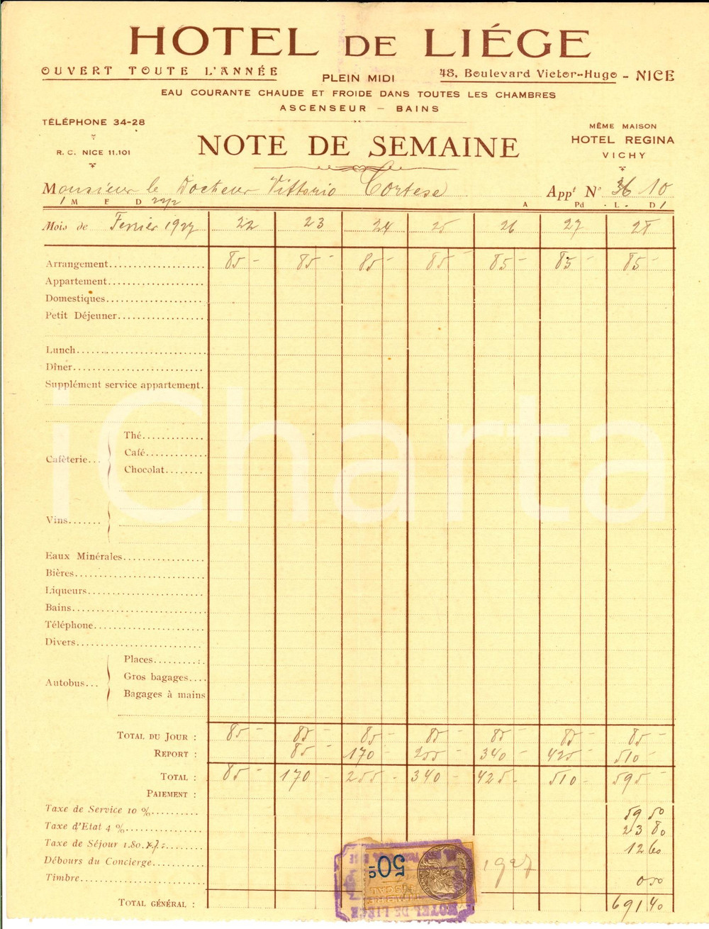 Documento originale, autentico 1927 NICE Hotel de LIEGE  Note de semaine docteur Vittorio CORTESE 1