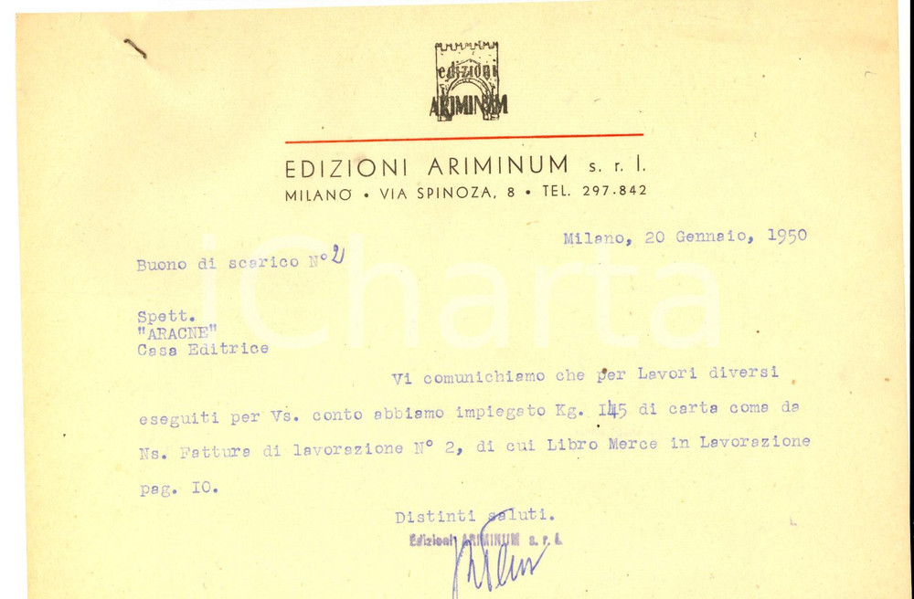 Manoscritto, lettera originale 1950 MILANO Edizioni ARIMINUM Lettera commerciale per lavorazione libri 1