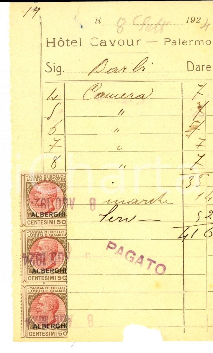 Documento originale, autentico 1924 PALERMO Hotel CAVOUR Ricevuta per camera BARBI Bolli 1