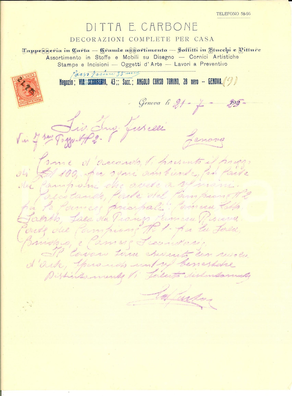 Documento originale, autentico 1925 GENOVA Ditta E. CARBONE Decorazioni complete per la casa Lettera con bollo 1