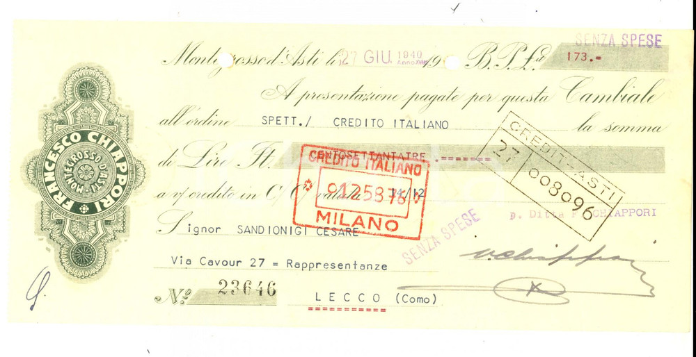 Documento originale, autentico 1940 MONTEGROSSO D ASTI Ditta Francesco CHIAPPORI Cambiale pubblicitaria 1