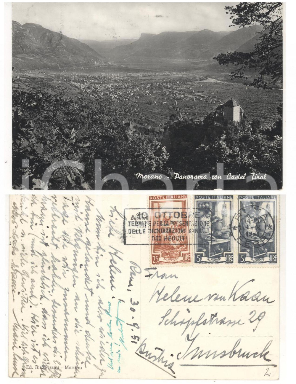 Cartolina originale da collezione 1954 STORIA POSTALE MERANO Cartolina striscia L. 5 IL TORNIO + L. 25 LE ARANCE 1