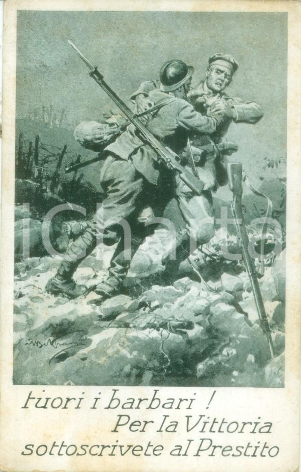 Cartolina originale da collezione 1918 PROPAGANDA WW1 Fuori i barbari Illustratore Achille BELTRAME Cartolina FP 1