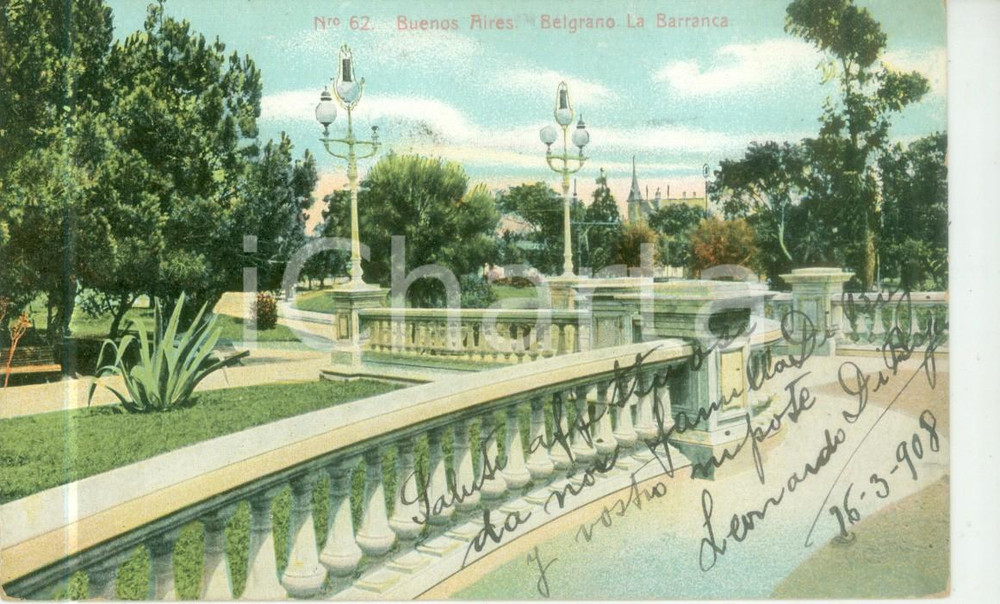 Cartolina originale da collezione 1908 BUENOS AIRES ARGENTINA La Barranca a BELGRANO Cartolina FP VG 1
