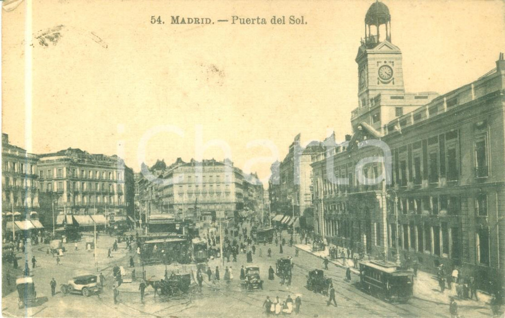 Cartolina originale da collezione 1924 MADRID SPAGNA Tram e automobili alla Puerta del Sol Cartolina FP VG 1