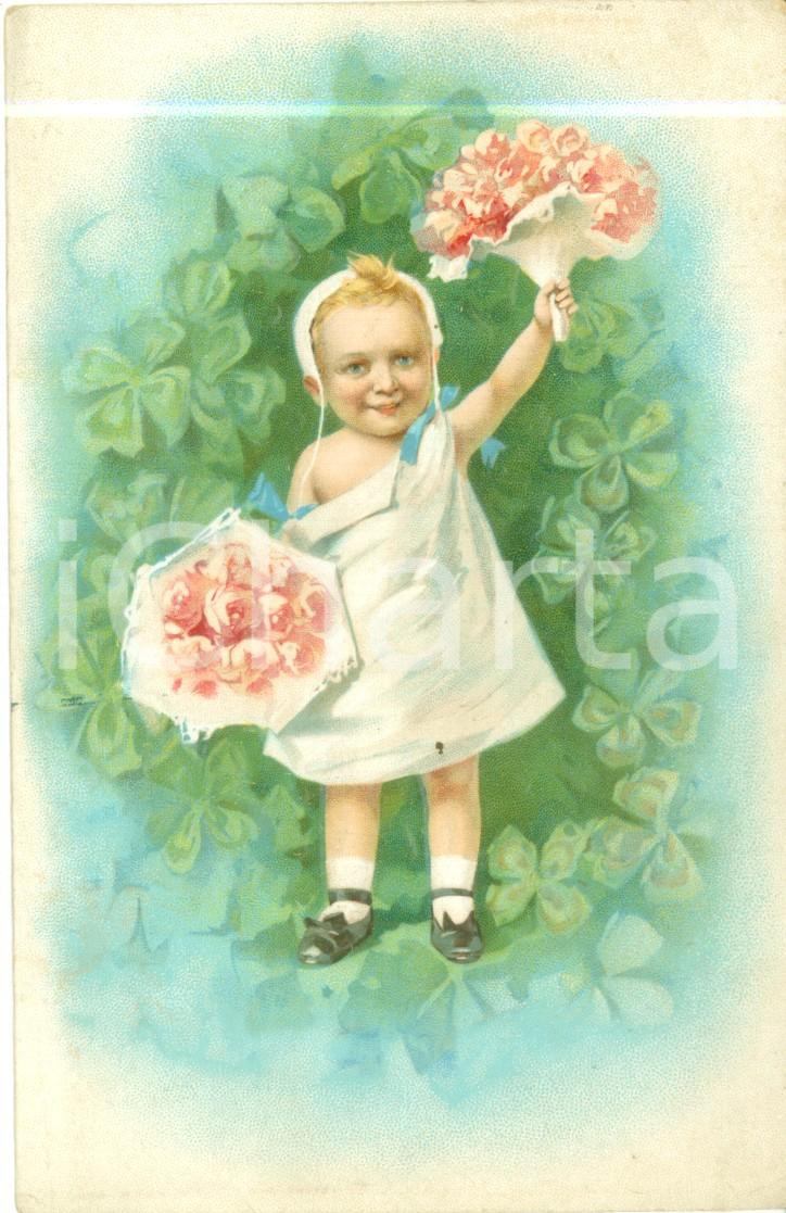 Cartolina originale da collezione 1911 BUON NATALE Bambino offre mazzi di fiori Cartolina in rilievo FP NV 1