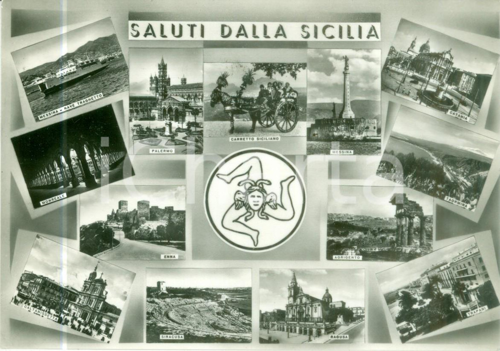 Cartolina originale da collezione 1956 SICILIA Vedutine Carretto siciliano Traghetto MESSINA Cartolina FG VG 1