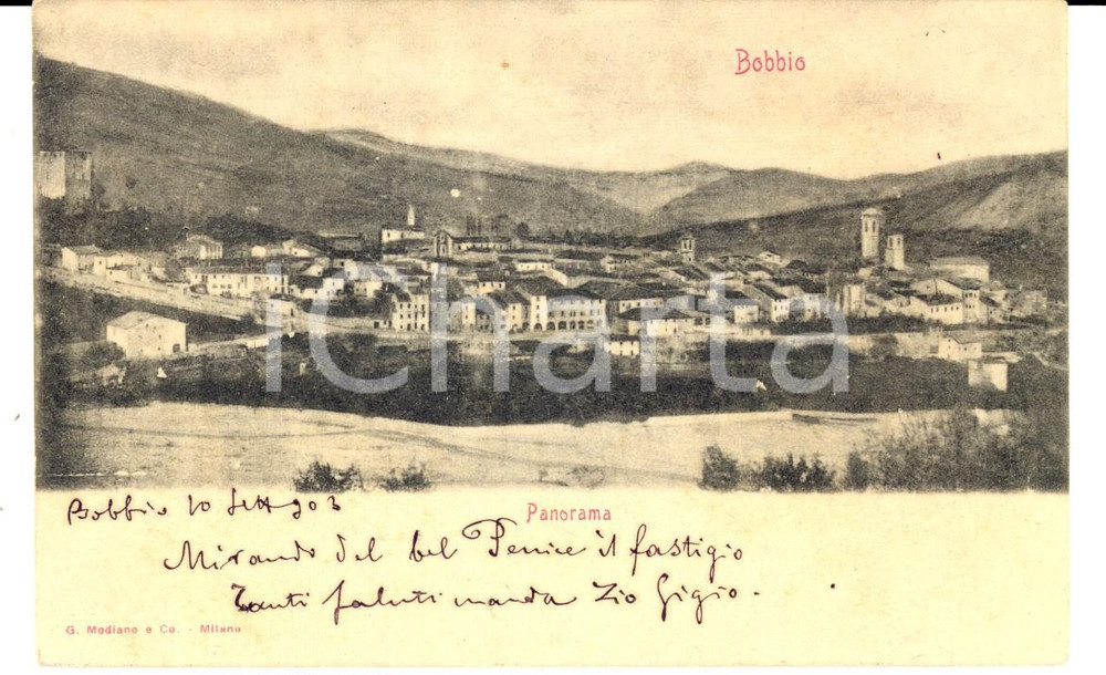 Cartolina originale da collezione 1903 BOBBIO PC Veduta panoramica Cartolina postale FP VG 1