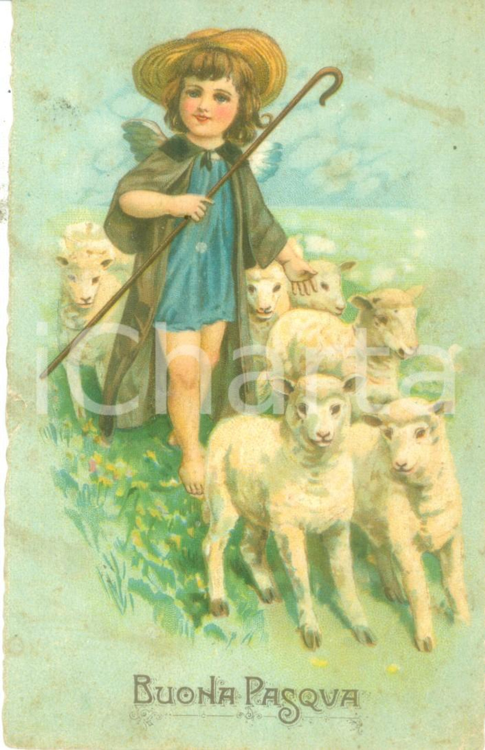 Cartolina originale da collezione 1926 BUONA PASQUA Piccola pastorella con gregge di pecore Cartolina FP VG 1
