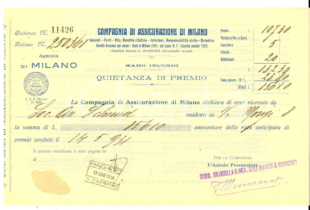 Documento originale, autentico 1931 Compagnia di Assicurazione di Milano  Quietanza premio ramo incendi 1