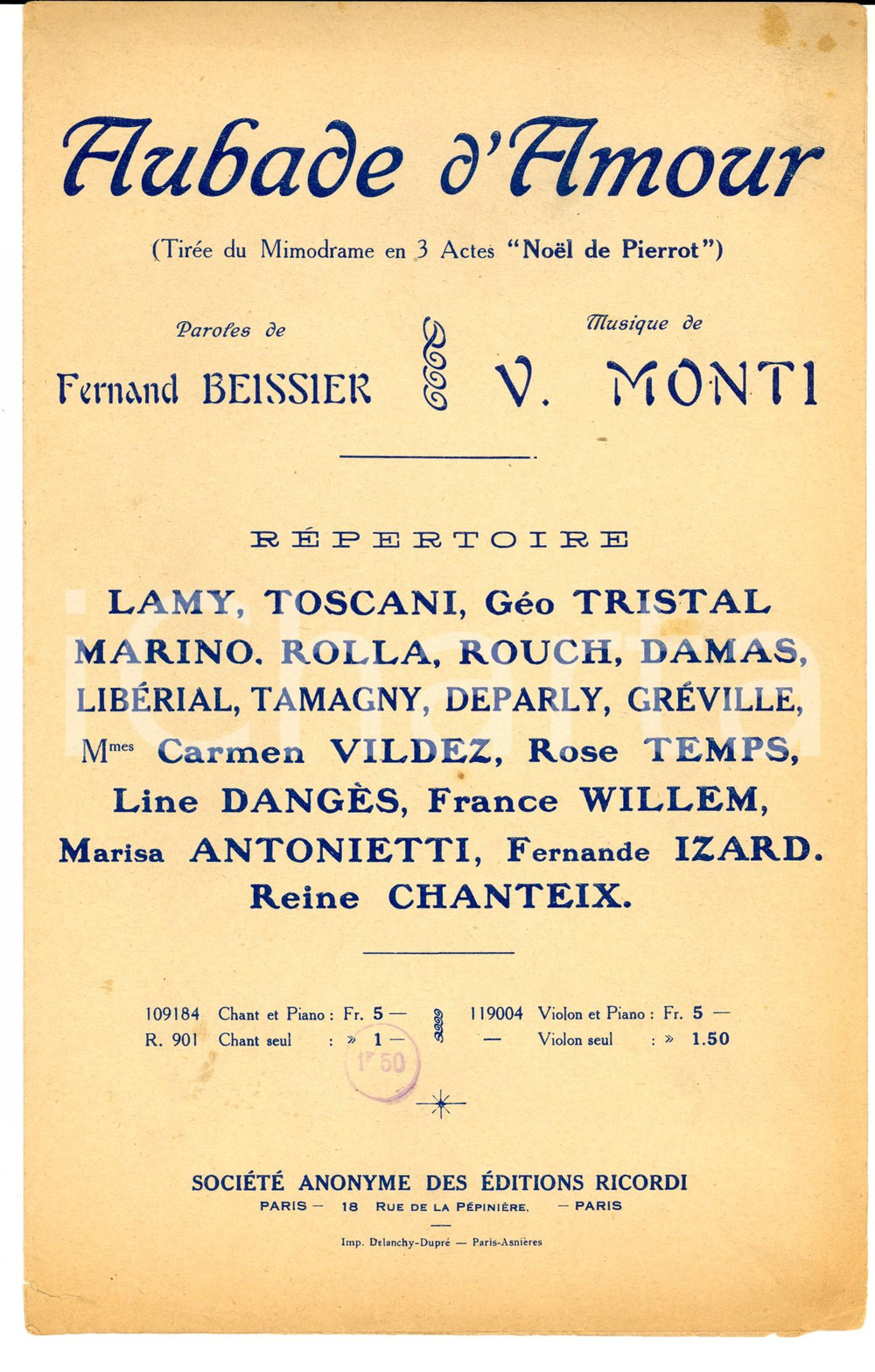 Oggetto da collezione cartaceo 1910 ca NOEL DE PIERROT  Aubade d amour Spartito ed. RICORDI francese 1