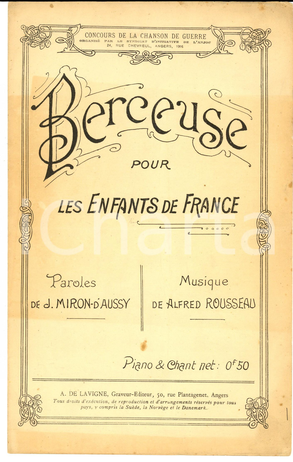 Oggetto da collezione cartaceo 1920 ca Alfred ROUSSEAU Berceuse pour les enfants de France Spartito RICORDI 1
