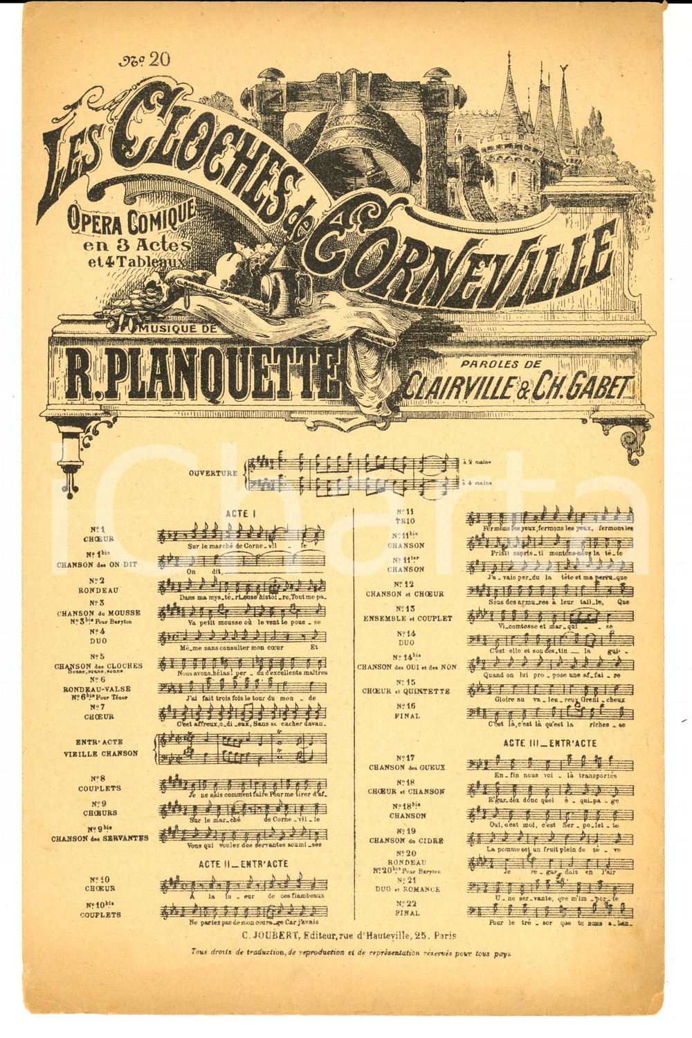 Oggetto da collezione cartaceo 1920 ca PLANQUETTE CLAIRVILLE GABET Cloches de Corneville  Rondeauvalse 1