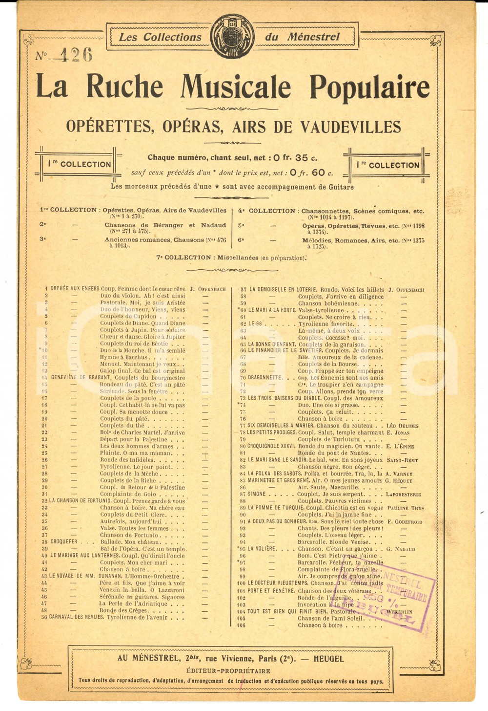 Oggetto da collezione cartaceo 1920 ca Ambroise THOMAS MIgnon  Berceuse Collections du MENESTREL 1