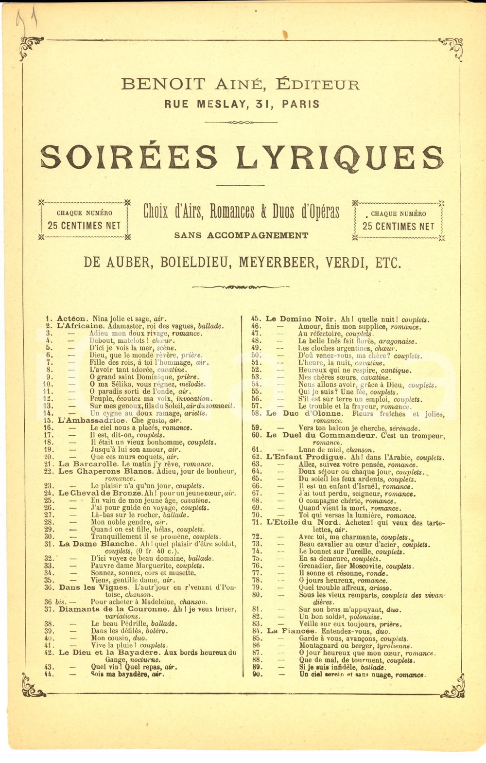 Oggetto da collezione cartaceo 1920 ca SOIREES LYRIQUES AUBER Fra Diavolo  Barcarolle ed. BENOIT AINE 1