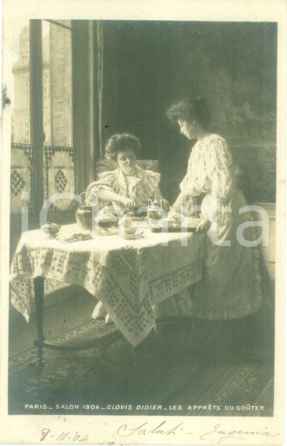 Cartolina originale da collezione 1904 PARIS SALON Les apprÃªts du goÃ»ter di Clovis DIDIER Cartolina FP VG 1