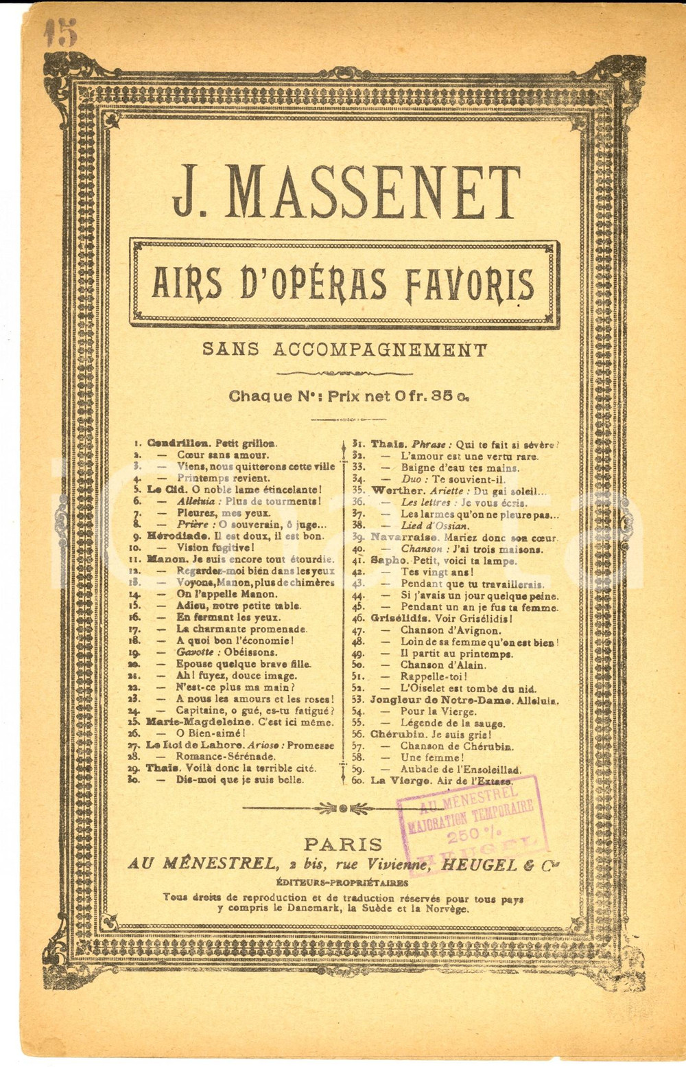 Oggetto da collezione cartaceo 1920 ca Jules MASSENET MANON Adieux de MANON Spartito ed. AU MENESTREL 1