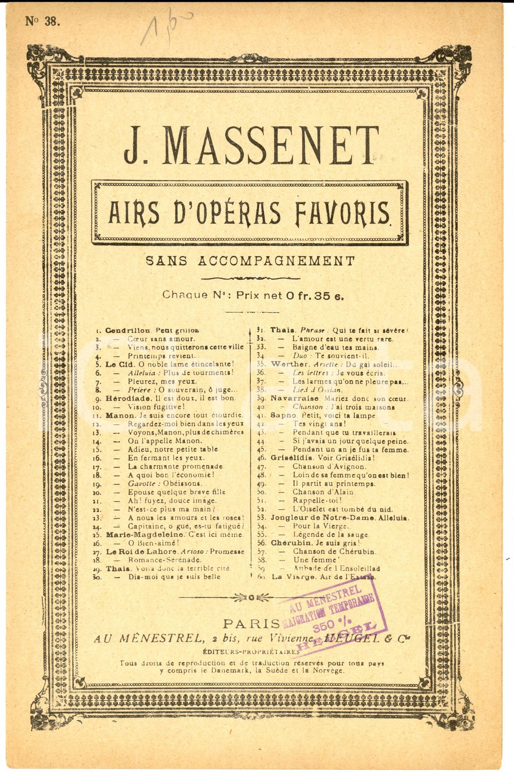 Oggetto da collezione cartaceo 1920 ca Jules MASSENET WERTHER Le Lied d Ossian Spartito ed. AU MENESTREL 1