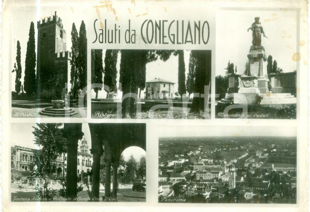 Cartolina originale da collezione 1953 CONEGLIANO TV Vedutine castello Monumento ai Caduti Cartolina FG VG 1