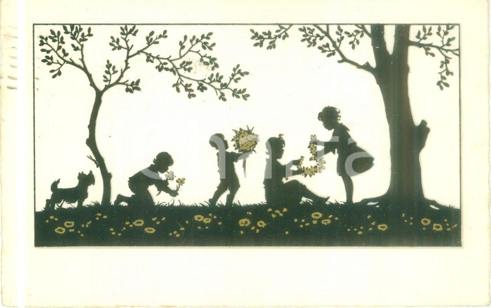 Cartolina originale da collezione 1937 BUONA PASQUA Bambini raccolgono fiori Cartolina augurale ILLUSTRATA FP VG 1